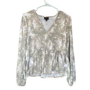MOD Lusive Long Cuff Sleeve Tie Dye Peplum V-Neck Top Medium Blouse Green Gray
